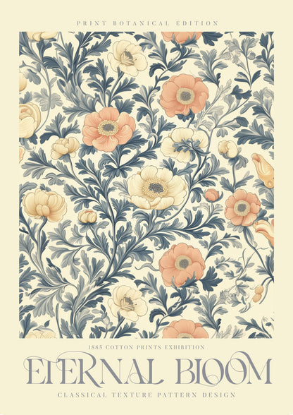 affiche murale style William Morris de fleurs couleurs crème, rouge et vert, avec le titre "Eternal Bloom". 
