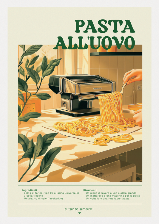 Affiche cuisine vintage d'une machine à pâtes et recette écrite en italien.