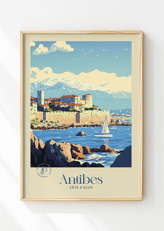 Poster vintage de la ville d'Antibes, vue sur les remparts dans un cadre en bois.