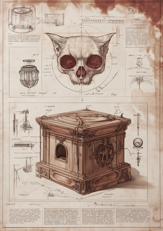 Affiche cabinet de curiosités d'un artefact, dans lequel se trouve un crâne hybride de félin.