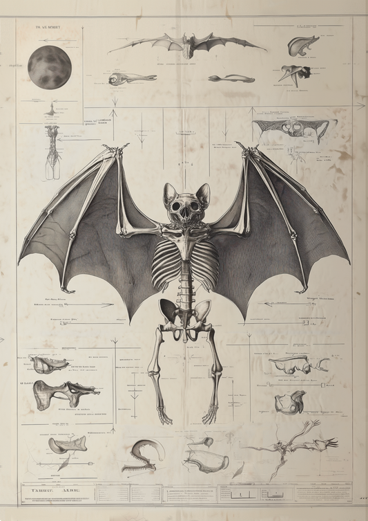 Affiche cabinet de curiosités dessin noir et blanc d'un squelette de chiroptère.