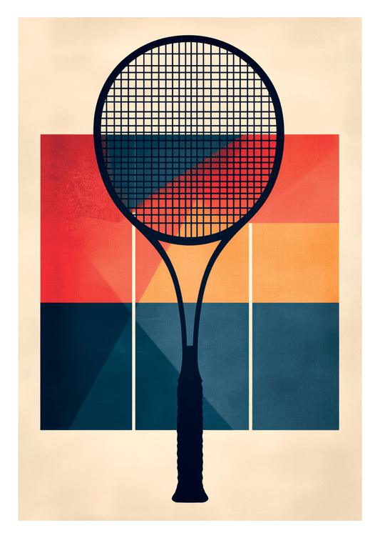 Affiche murale minimaliste d'une raquette avec un carré coloré sur fond beige.