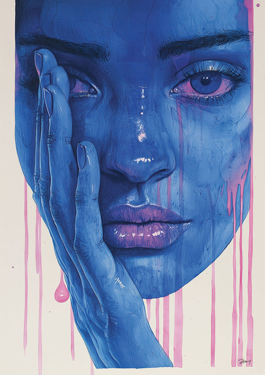 Affiche street art d'un visage bleu d'une femme, avec sa main devant, aux coulures roses.