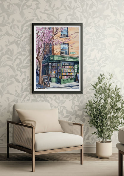 Affiche illustration d'une libraire new yorkaise encadrée au dessus d'un fauteuil.