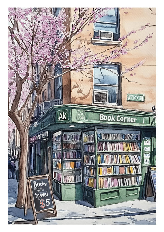 Affiche illustration à l'aquarelle de la vitrine d'une librairie new yorkaise.