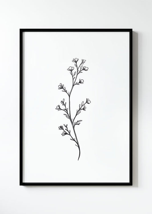 Poster botanique en noir et blanc d'une branche avec des bourgeons dans un cadre noir