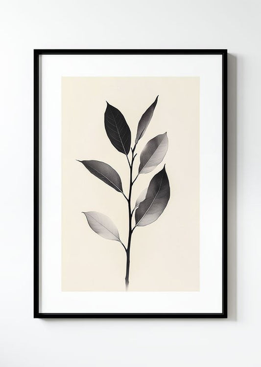 Poster Illustration botanique d'une branche de feuilles noir et blanc, fond beige, dans un cadre.