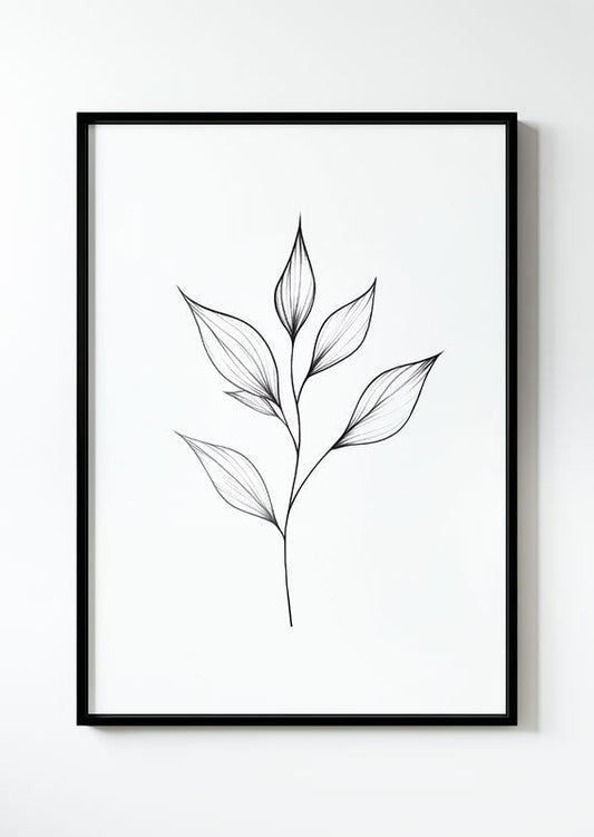 dessin Illustration florale en noir et blanc d'une branche de feuilles dans un cadre noir.