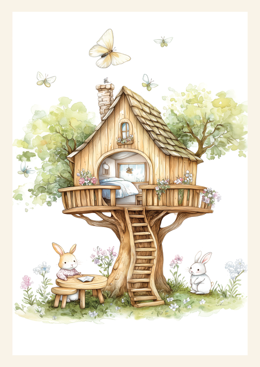 Affiche chambre enfant d'une maison de lapins, perchée dans un arbre, à l'aquarelle. 