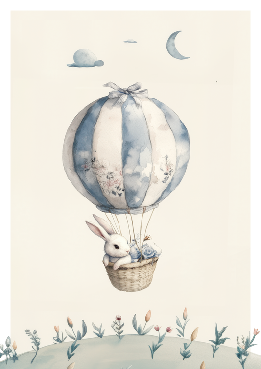 Affiche pour chambre bébé petit lapin dans une montgolfière dans les tons bleus