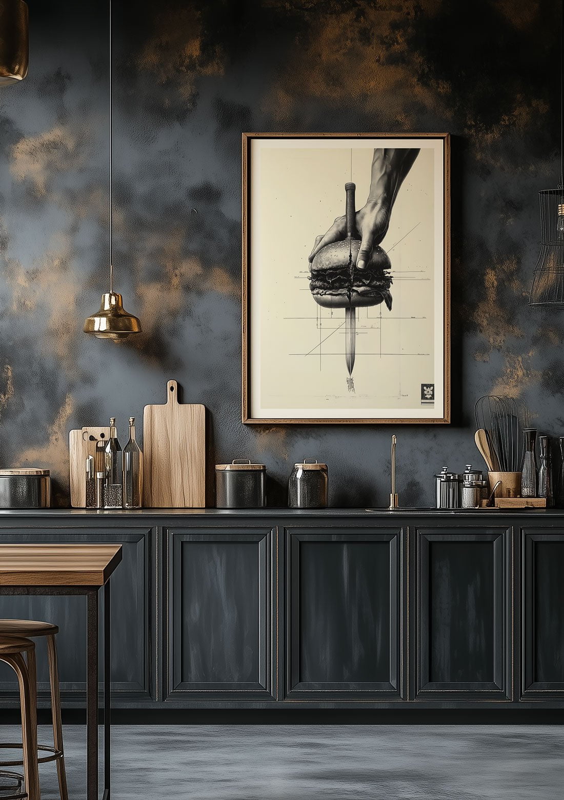 Affiche cuisine du burger coupé en deux par une dague, encadrée dans une cuisine.
