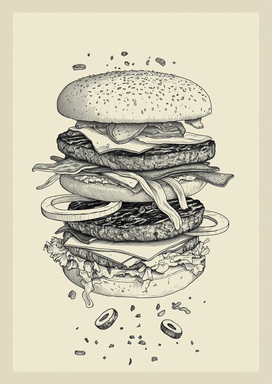 Affiche cuisine vintage d'un éclaté de burger, en noir sur fond crème.