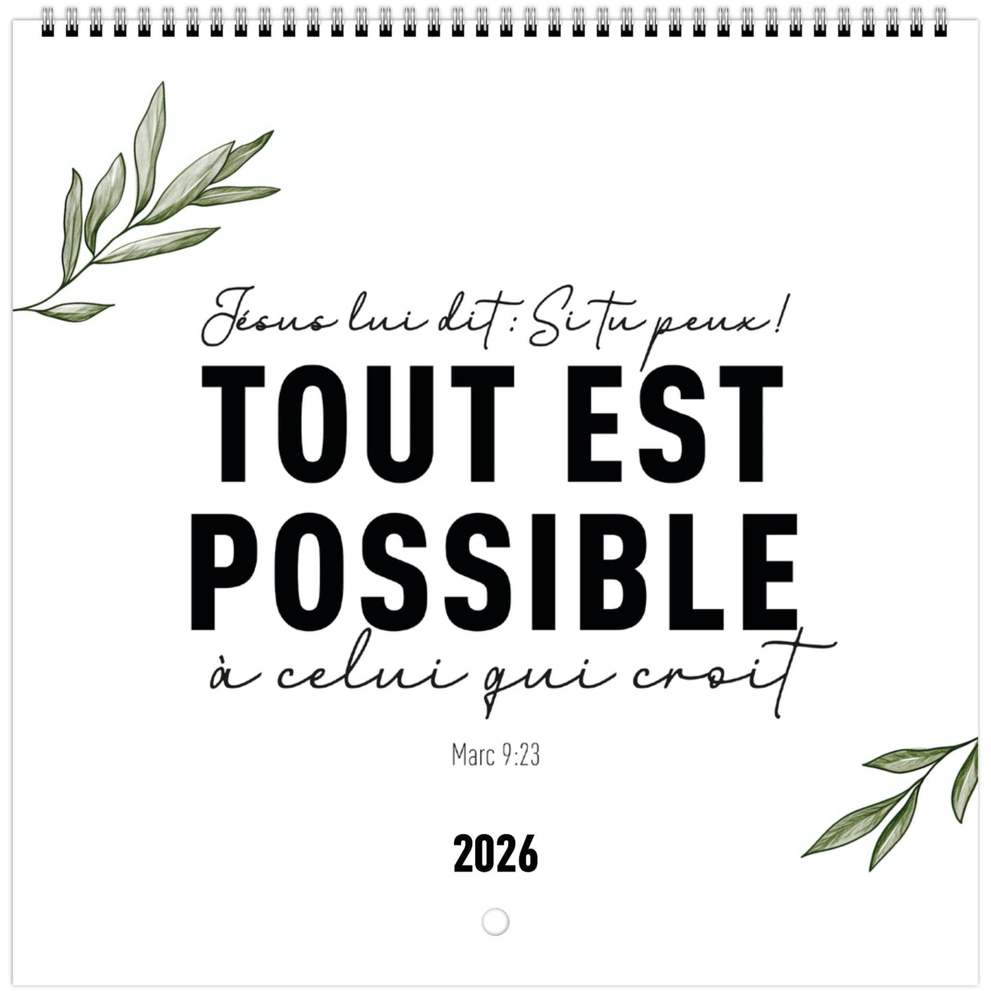 Gros plan de la couverture du calendrier, montrant un verset décoré de branche d'olivier