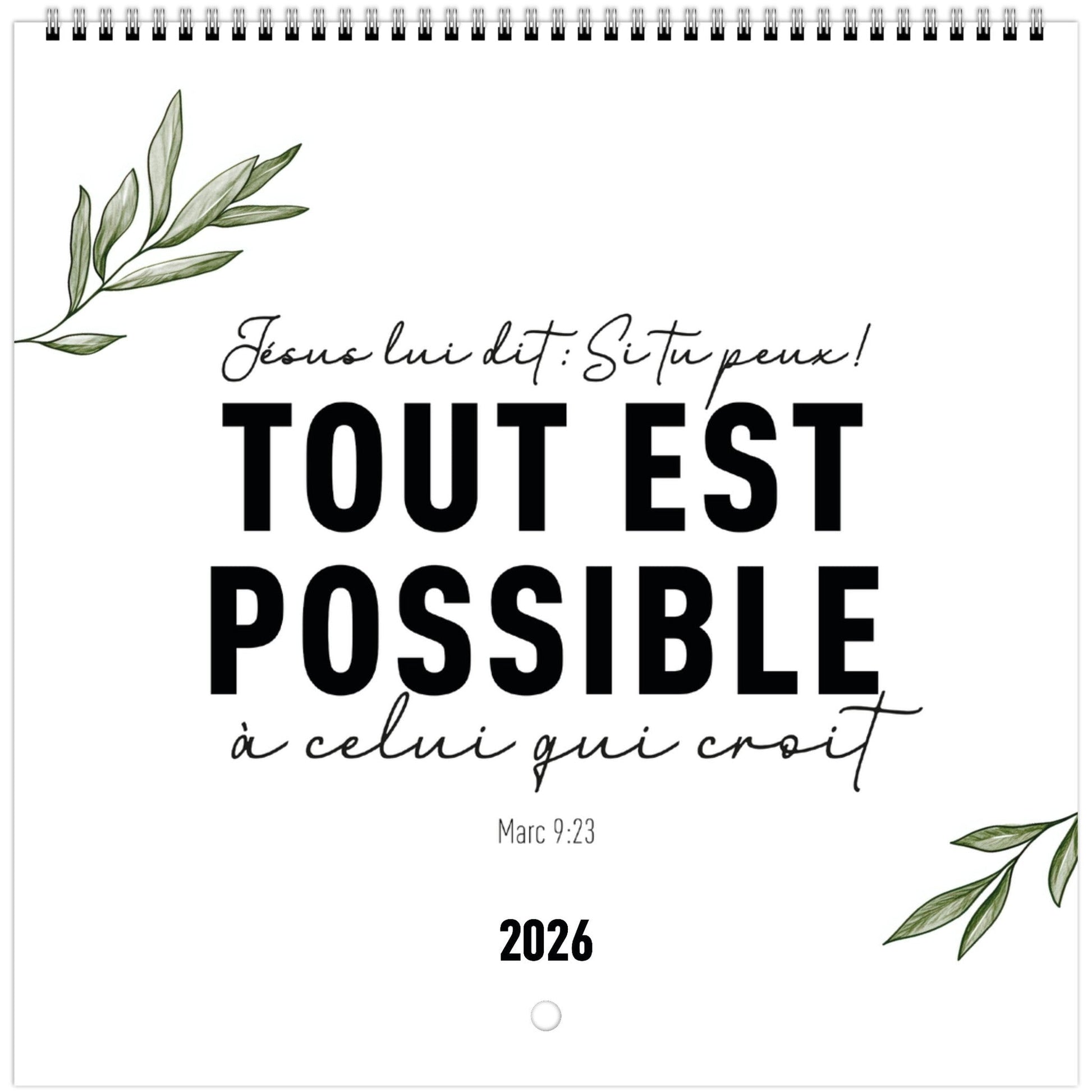 Gros plan de la couverture du calendrier, montrant un verset décoré de branche d'olivier