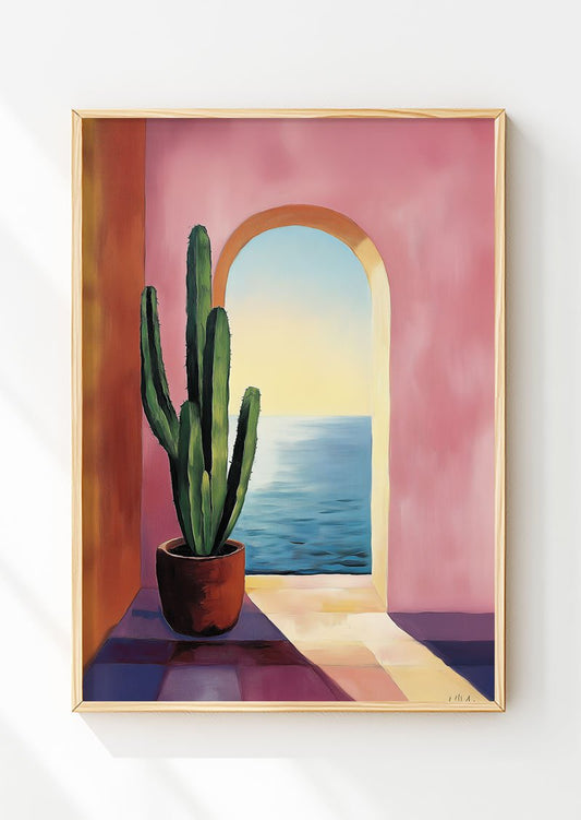 Poster italie d'une illustration d'un cactus dans un pot devant une arche rose, dans un cadre en bois
