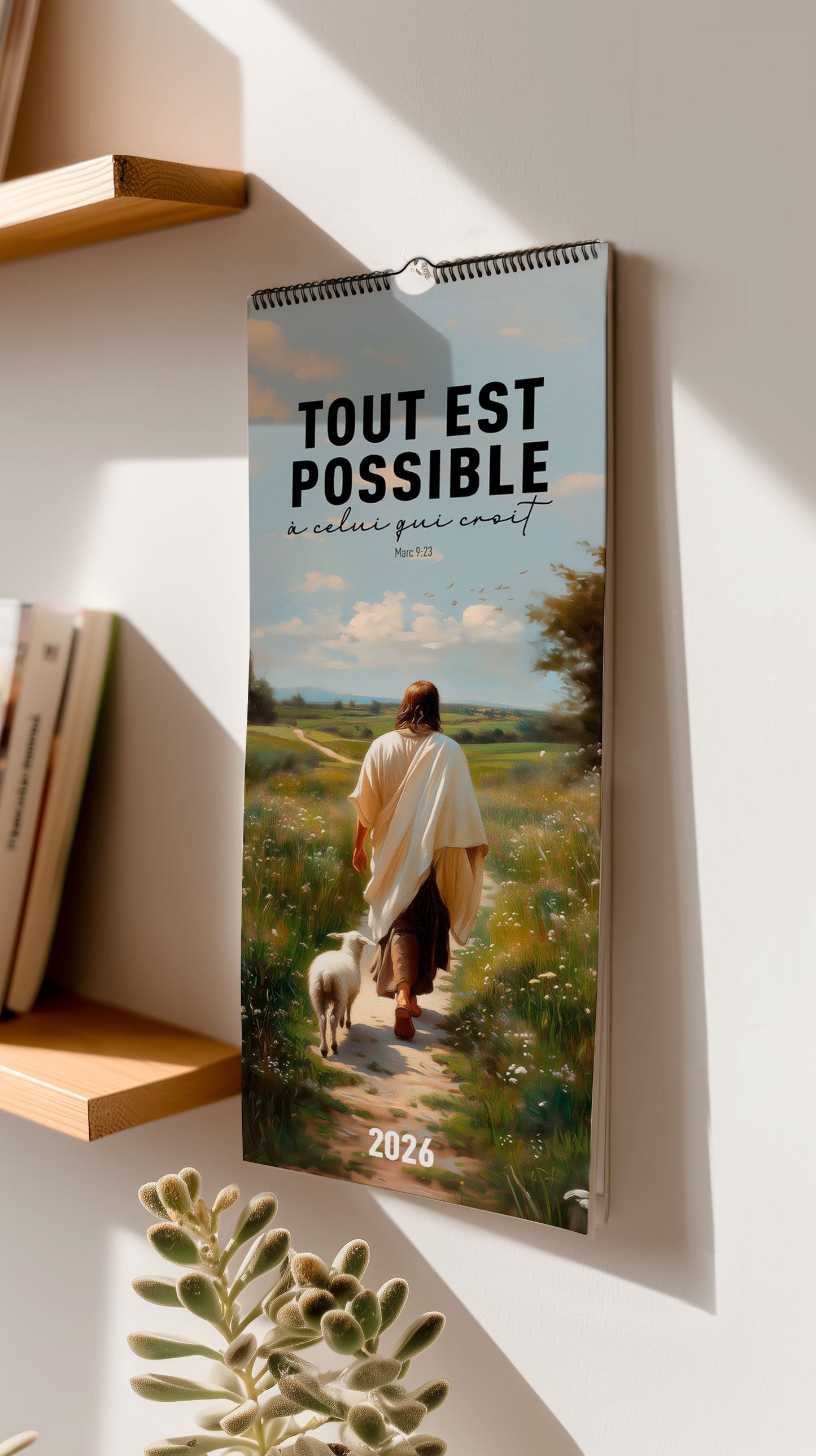 Mise en situation du calendrier chrétien de jésus accroché à un mur 