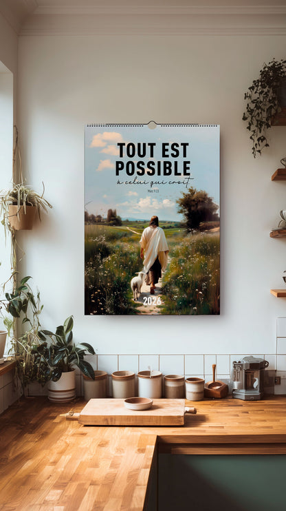 Mise en situation dans une cuisine du calendriers 2026 comprenant versets bibliques et visuels chrétiens