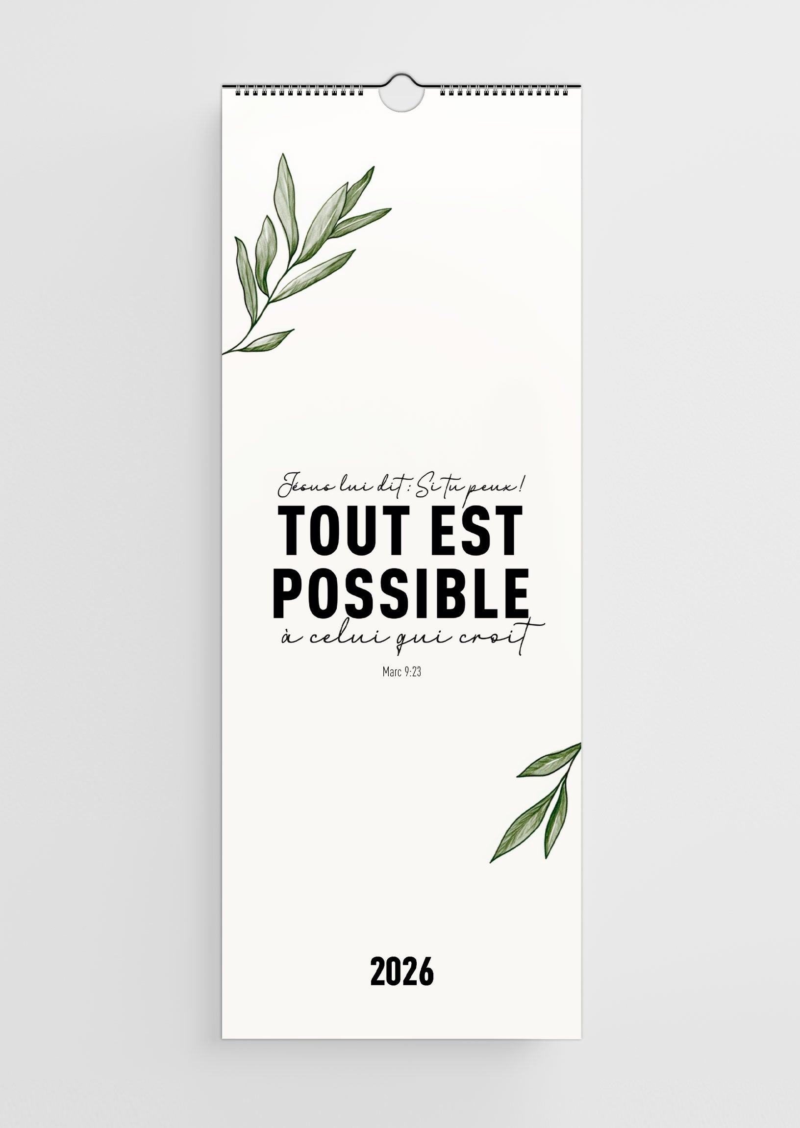 Couverture du calendrier chrétien 2026 contenant des versets bibliques