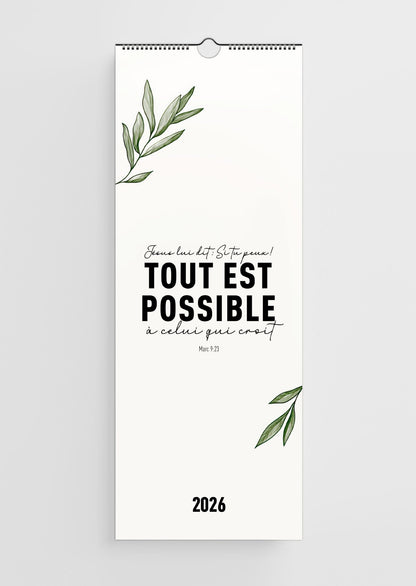 Couverture du calendrier chrétien 2026 contenant des versets bibliques
