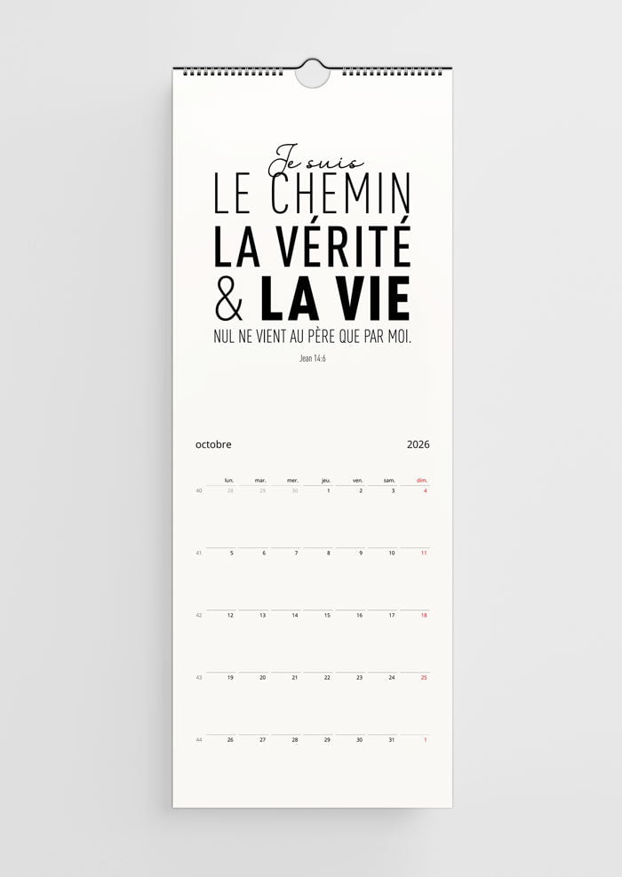 Calendrier chrétien ouvert à la page du mois d'octobre avec le verset "je susi le chemin, la vérité"