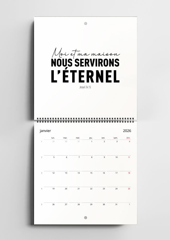 Calendrier chrétien ouvert à la page du mois de janvier avec le verset biblique josué 24:15