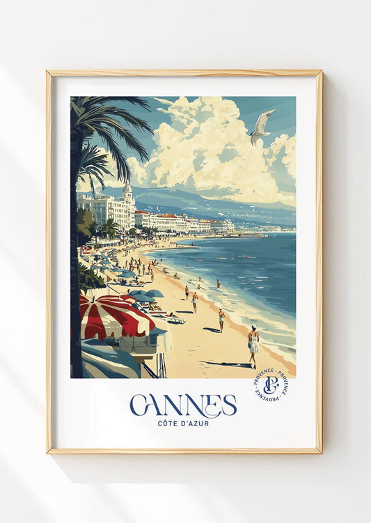 Poster vintage de Cannes, la croisette dans un cadre en bois. 