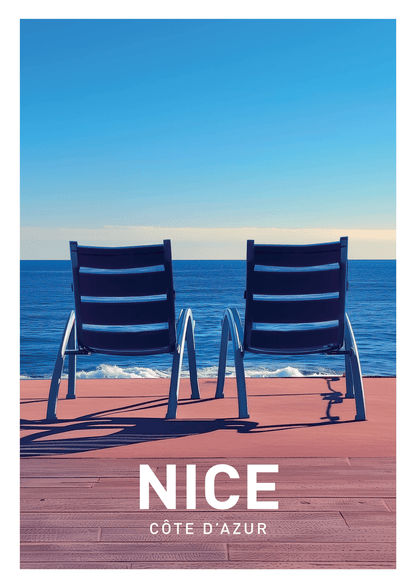 Affiche vintage des célèbres chaises bleues de Nice, face à la mer. 