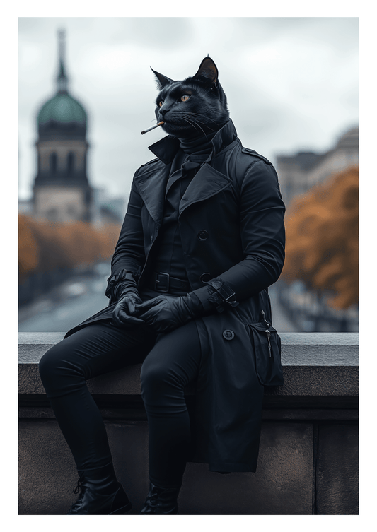 Affiche murale surréaliste d'un chat noir humanoïde portant des vêtements noir.