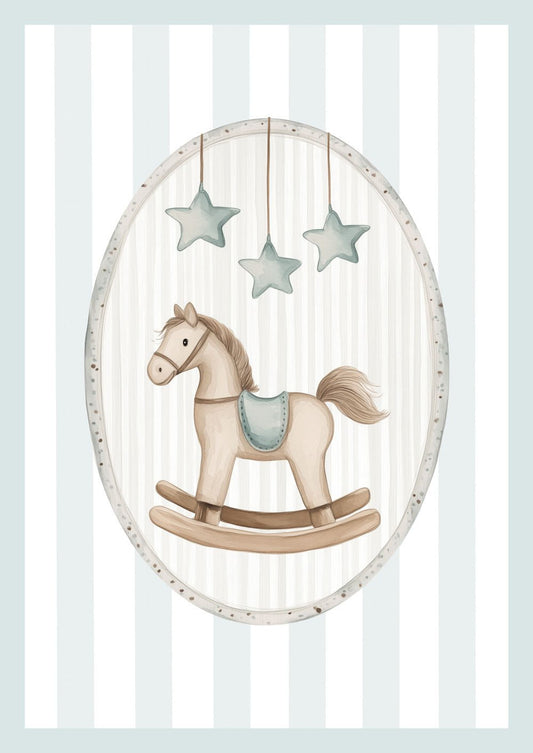 Affiche chambre enfant d'un cheval à bascule sur fond rayé aux teintes bleues.
