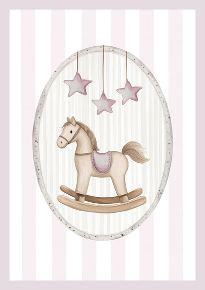 Affiche chambre enfant d'un cheval à bascule sur fond rayé aux teintes roses.