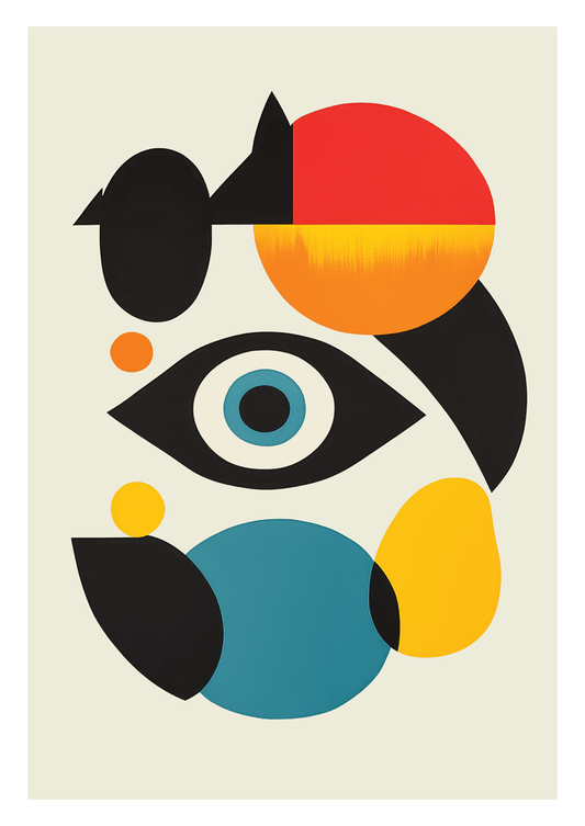 Affiche bauhaus représentant un œil et des formes géométriques
bleu jaune rouge