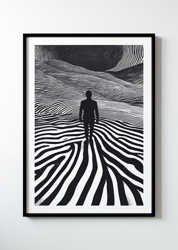 Poster muralesurréaliste d'un homme marchant dans un paysage monochrome dans un cadre.