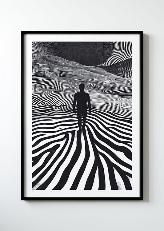 Poster muralesurréaliste d'un homme marchant dans un paysage monochrome dans un cadre.
