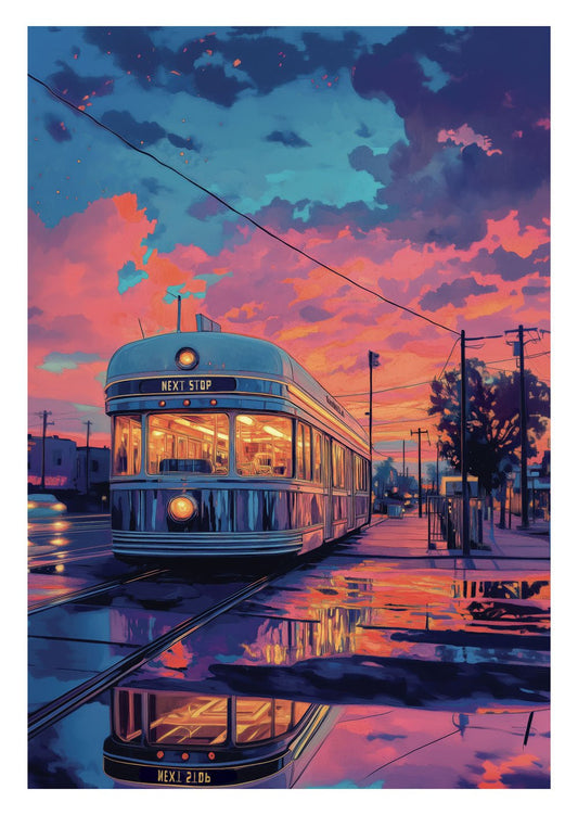 Affiche illustration d'un tramway, dans un décor nuageux bleu et violet.