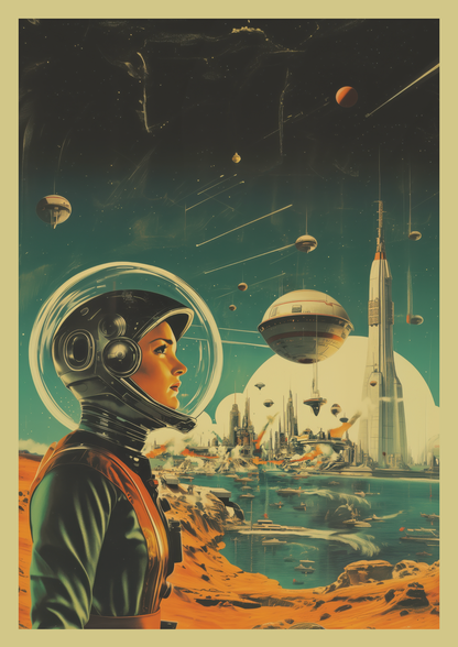 Affiche vintage science-fiction d'une femme cosmonaute sur une planète inconnue.