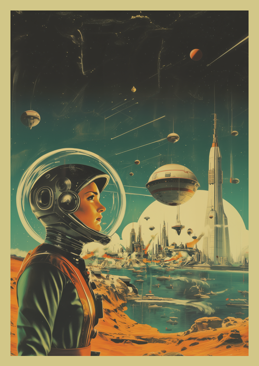 Affiche vintage science-fiction d'une femme cosmonaute sur une planète inconnue.