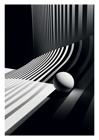 Affiche murale surréaliste graphique, de lignes blanches sur fond noir, avec une boule blanche au sol.