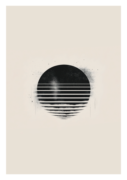 Affiche murale surréaliste d'un soleil noir strié de bandes blanches, sur fond blanc.
