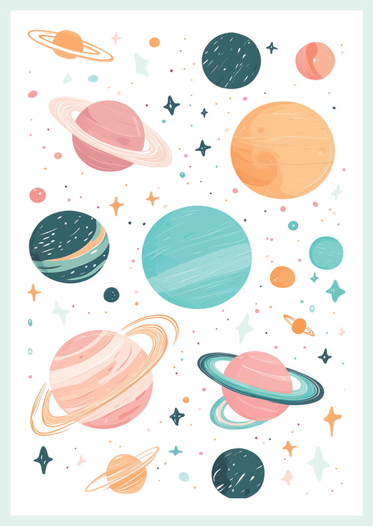 Affiche chambre enfant de planètes et d'étoiles aux couleurs pastels sur fond blanc.
