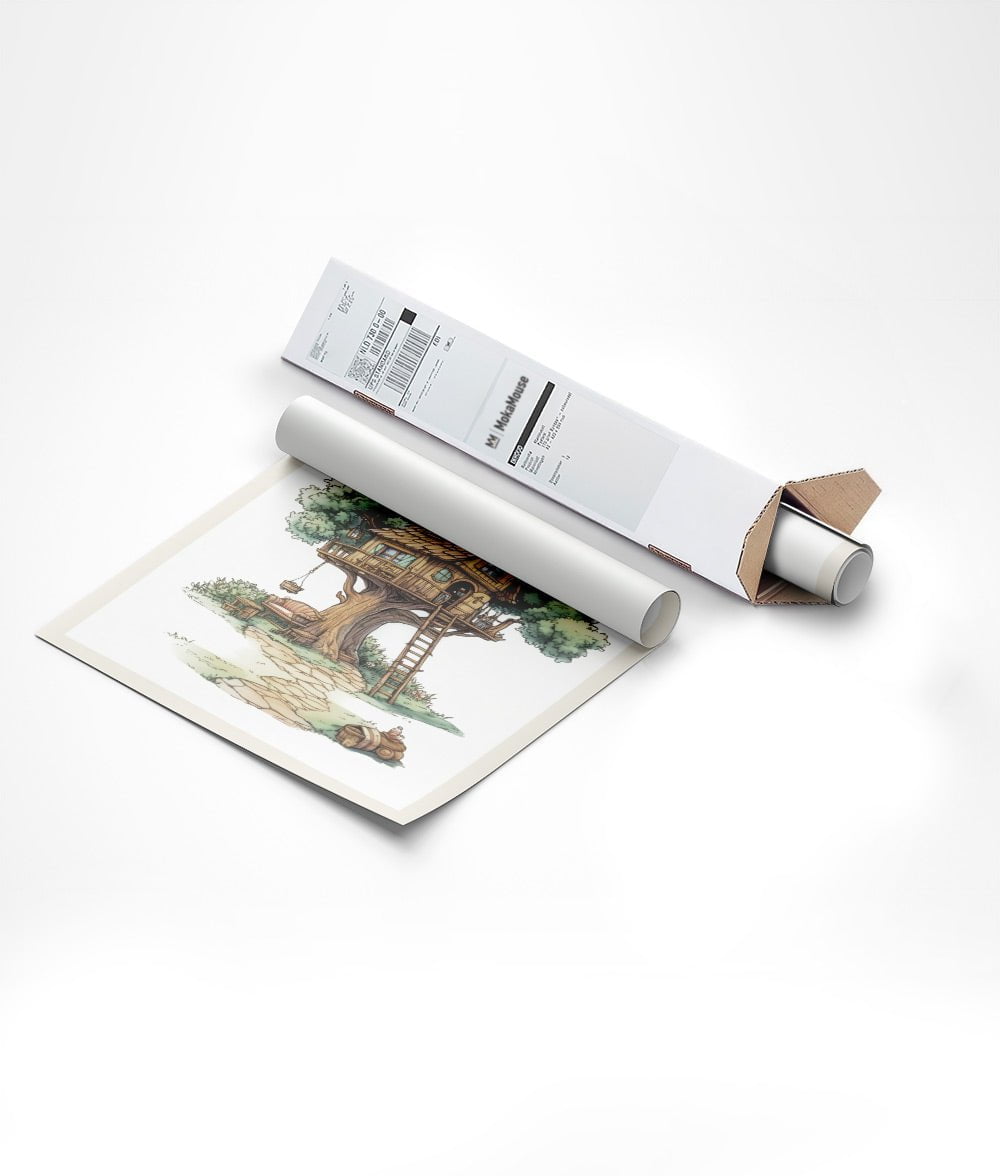 Emballage de l'affiche chambre enfant cabane dans un carton triangulaire.