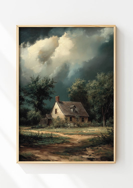 Affiche automne d'une peinture à l'huile d'un cottage, encadrée dans un cadre en bois