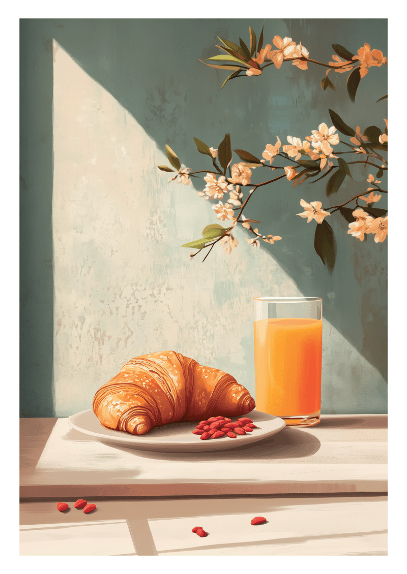 Affiche cuisine illustrant une verre de jus d'orange, un croissant et des baies de goji.