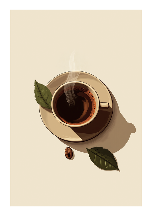 Affiche cuisine illustrée minimaliste d'une tasse de café vue du dessus, fond clair. 