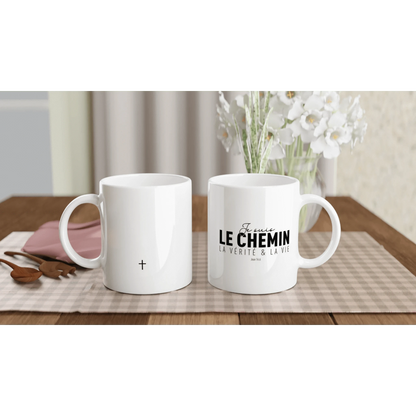 Mugs "je suis le chemin, la vérité et la vie"  en typo noir sur blanc vu de dos et vu de face.