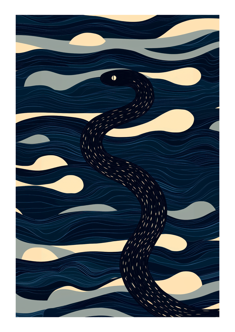 Affiche illustration d'un serpent avec des vagues bleues et crème en arrière plan.