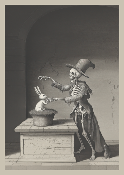 Affiche cabinet de curiosités montrant un magicien squelettique et un lapin, en noir et blanc