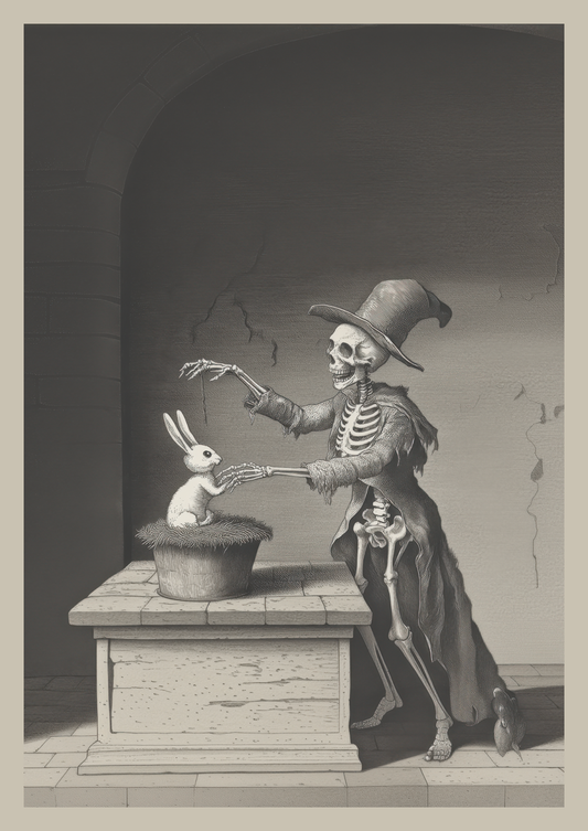Affiche cabinet de curiosités montrant un magicien squelettique et un lapin, en noir et blanc