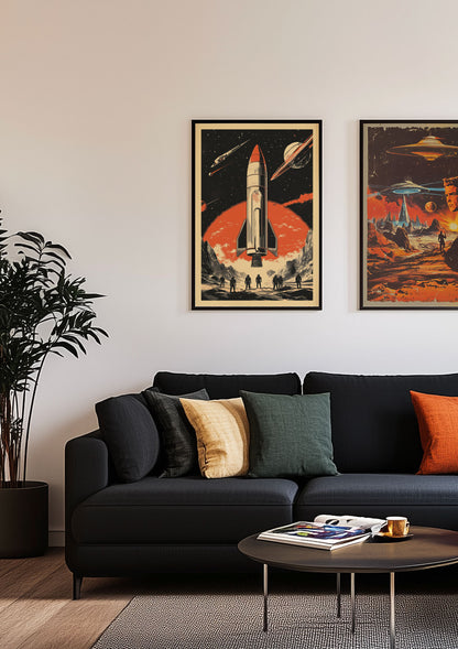 Mise en situation d'un duo d'affiche vintage au dessus d'un canapé.