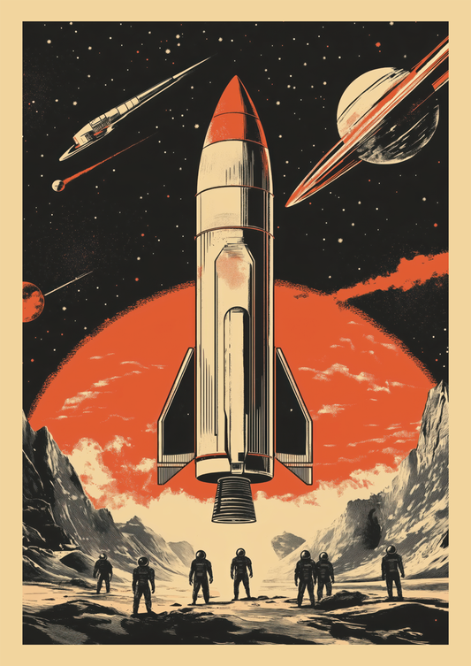 Affiche vintage science-fiction d'une fusée décollant d'une planète, tons rouge et noire.