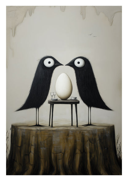 Affiche cabinet de curiosités montrant un couple d'oiseaux noirs à table devant leur dîner.